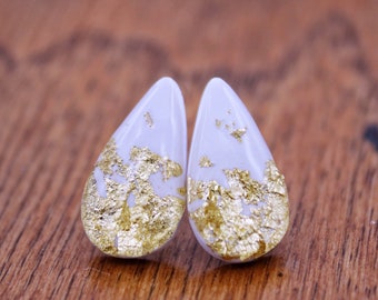 White drop shaped polymer clay resin stud earrings with gold foil flakes, high quality handmade hypoallergenic titanium stud earrings