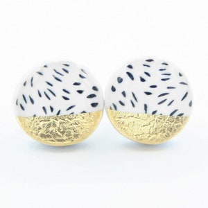 Polka Dot Stud Earrings, Flecked Black and White Earrings Studs, Gold Foil Statement Studs, Hypoallergenic Stud Earrings, Titanium Earrings