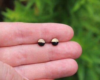 Tiny Black Circle Stud Earrings, Small Black Posts, Hypoallergenic Titanium Studs, Glossy Black and Gold Small Studs, Everyday Studs