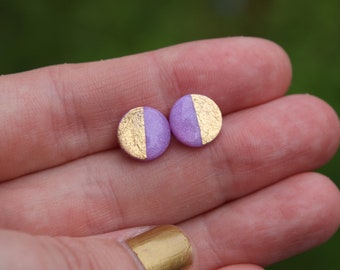 Lilac Purple Earrings, Purple Stud Earrings, Purple Gold Foil Earrings, Color Block Stud, Titanium Earrings