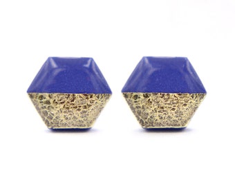 Small blue and gold foil hexagon stud earrings,  Modern Polymer Clay Studs made with hypoallergenic titanium for sensitive ears