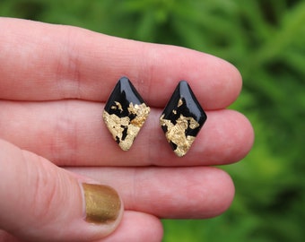 Diamond Shaped Studs, Black Earrings, Black and Gold Stud Earrings, Geometric Earrings, Olive Green Studs, Titanium Earrings