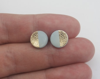 Light blue and gold foil stud earrings, light blue clay studs, hypoallergenic titanium studs, 10 mm circle studs