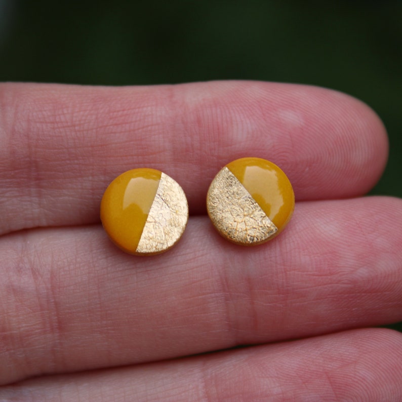 Mustard Yellow and Gold Round Stud Earrings Titanium Etsy
