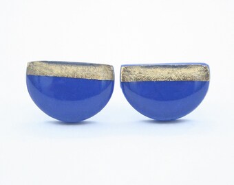 Cobalt Blue Earrings, Blue and Gold Stud Earrings, Cobalt Blue Studs, Blue Semicircle Studs, Blue Geometric Studs, Titanium Earrings