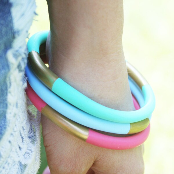 Set of 3 colorful bangles, Neon Pastel Beacelet set, Pink and Mint Bracelets,  Modern Jewelry Gift Idea