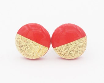 Red and Gold Foil Studs, Bright Red Small Circle Stud Earrings, Hypoallergenic Titanium Earrings