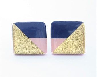Modern Navy Blue Earrings, Blue and Pink Earrings, Blue and Gold Earrings, Square Studs, Statement Earrings, Nickel Free Titanium Earrings