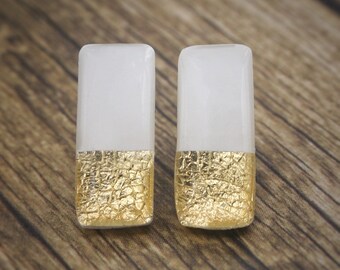 Gold and White Bar Earrings | White Stud Earrings | Hypoallergenic Titanium Earrings | Gold Dipped Studs