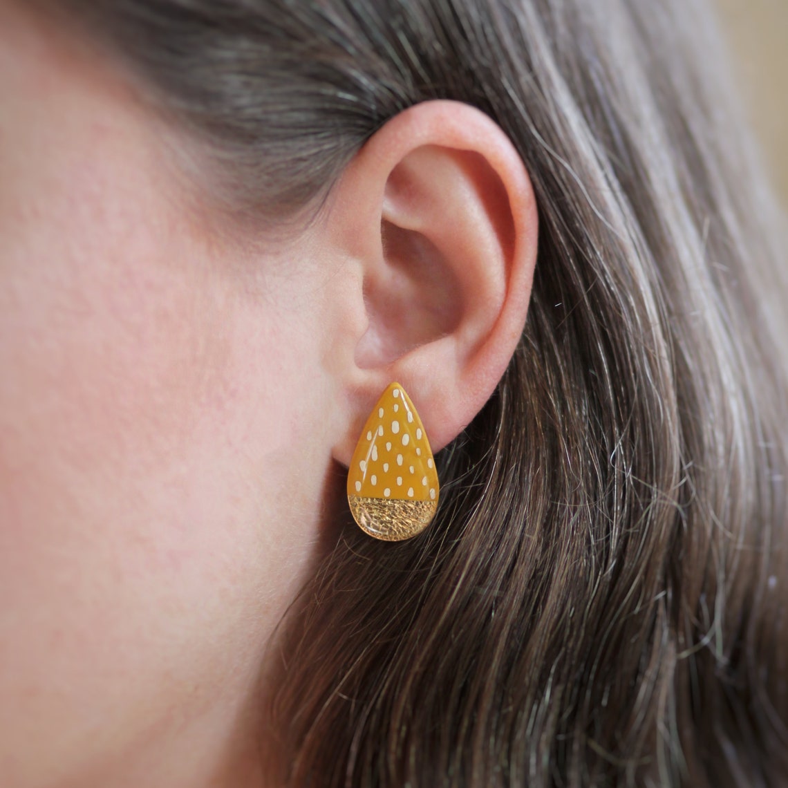 Mustard Yellow Earrings Yellow and Gold Stud Earrings Polka Etsy