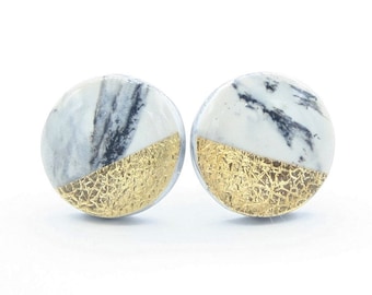 White Marble Earrings, White and Gold Stud Earrings, White Howlite Earrings, Marble Studs, White Marble Stud Earrings, Titanium Earrings