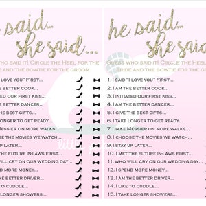 Printable He Said... She Said... Bridal Shower Game