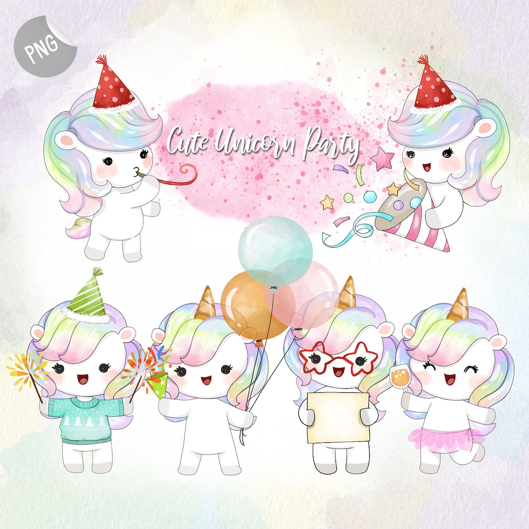Cute Unicorn Party New Year Clipart Instant Download PNG - Etsy