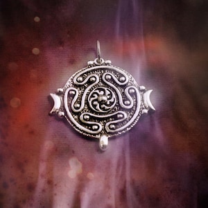 Hekate Lunar Strophalos Talisman — Witchcraft Wheel, Triple Moon Pendant in Sterling Silver