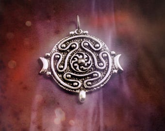 Hekate Lunar Strophalos Talisman — Witchcraft Wheel, Triple Moon Pendant in Sterling Silver