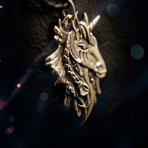 May include: A silver unicorn pendant with intricate details, including a horn and floral accents. The pendant is hanging from a black leather cord.