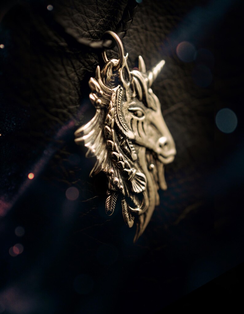May include: A silver unicorn pendant with intricate details, including a horn and floral accents. The pendant is hanging from a black leather cord.