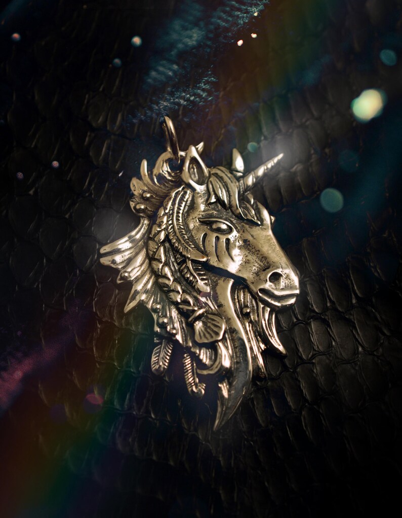 May include: A silver unicorn head pendant with intricate details, including a horn, mane, and feathers. The pendant is on a black textured background.