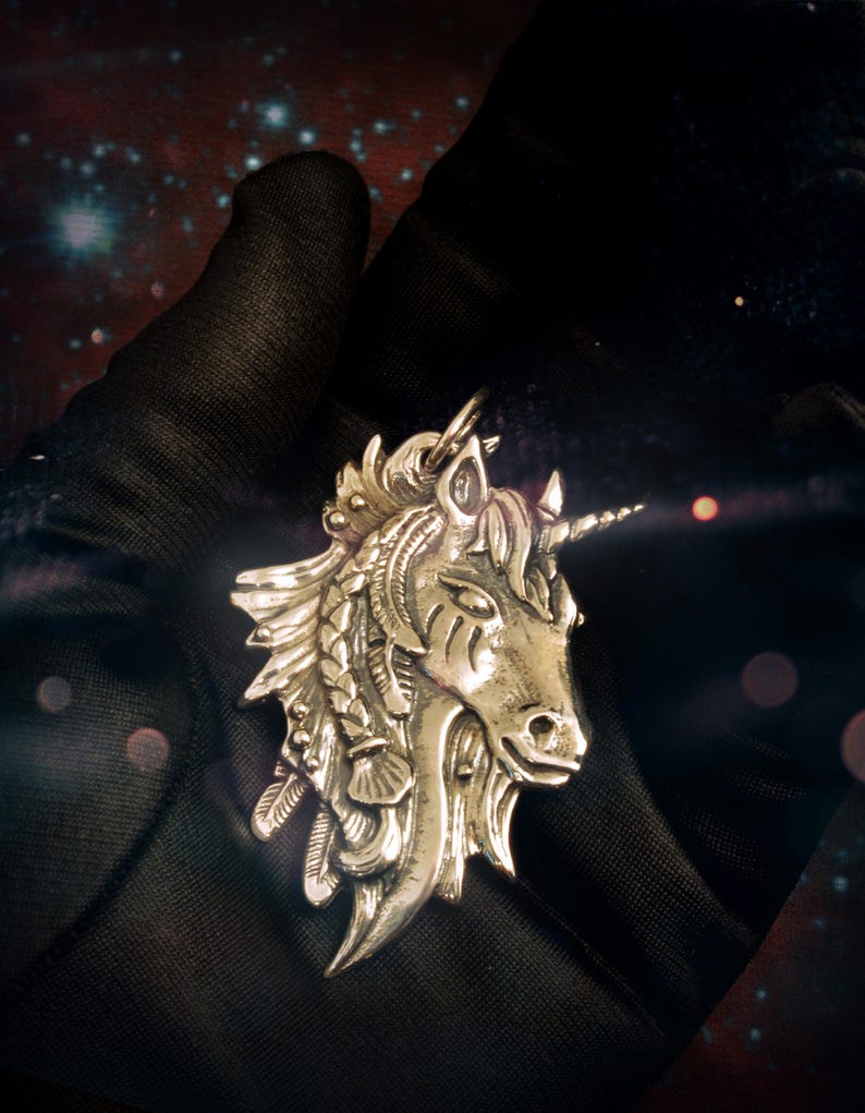 May include: A silver unicorn pendant with intricate details, including a braided mane and a horn. The pendant is set against a dark background.