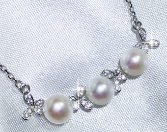 Anna May Wong - Freshwater Pearls Sterling Silver Necklace - Bridal Pearl Necklace - Butterfly base design with zirconia stones