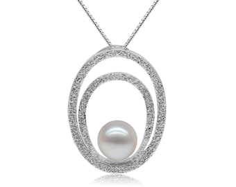 Grace K - freshwater pearl pendant necklace with diamond cut sterling silver base - bridal pearls