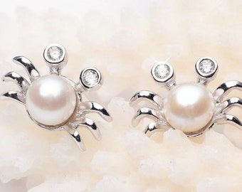 Ariel - Lovely Little Crab Cultured Freshwater Pearl Ear Studs with Sterling Silver Setting