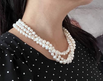 Strasbourg - Baroque Messy Strands Freshwater Pearl Necklace - Three Strand Pearl Necklace