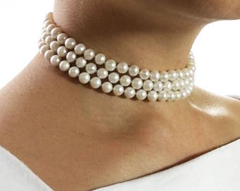 Monaco - Stunning Three Strand Freshwater Pearl Choker - Wedding Pearl Necklace - Bridal Pearl Necklace - AAA Real Pearls