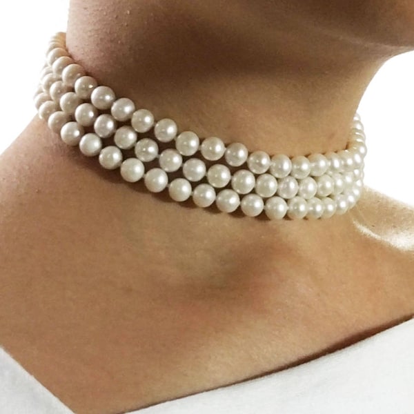 Monaco - Stunning Three Strand Freshwater Pearl Choker - Wedding Pearl Necklace - Bridal Pearl Necklace - AAA Real Pearls