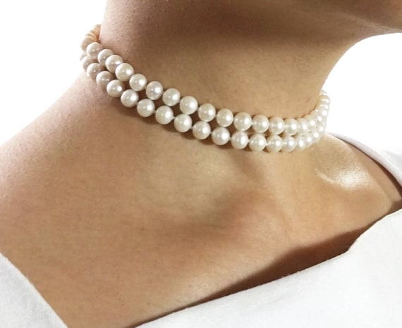 Pearl Necklace,Ivory pearl necklace,Two strand 17-18 Inches 8mm Glass Pearl  Necklace, 2 Rows