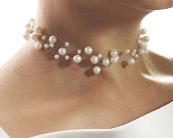 Gypsophila Choker - 8 Strand Invisible Pearl Necklace - Pearl Choker - Floating Pearl Necklace - Wedding - Bridesmaids