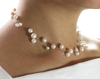 Bisous - 3 Strand Pearl Choker - Invisible Floating Pearl Necklace - Illusion Pearl Necklace