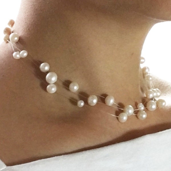 Bisous - 3 Strand Pearl Choker - Invisible Floating Pearl Necklace - Illusion Pearl Necklace