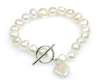 Aisha - Baroque Pearl Bracelet With Heart Pendant - Cultured Freshwater Pearls - Bridesmaids Pearls - Bridal Pearl Bracelet