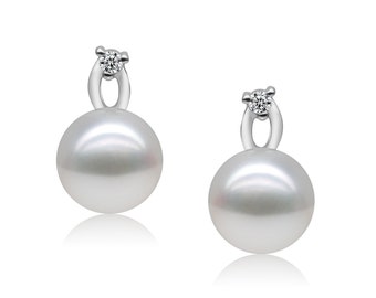 Ella Raines - Dainty Small Freshwater Pearl Ear Studs - Lab Diamonds Base - Bridesmaids Pearls - Graduation Pearls - Bridal Pearls