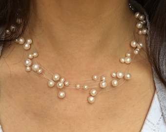 Gypsophila Princess - 8 Strand Floating Freshwater Pearl Necklace - Invisible Necklace