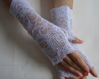 Thumbless mittens white chantilly lace long white gloves wedding elegant accessory