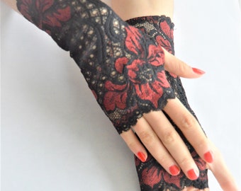 Gants long en dentelle sans doigts couleur noir rouge mariage chic gothique