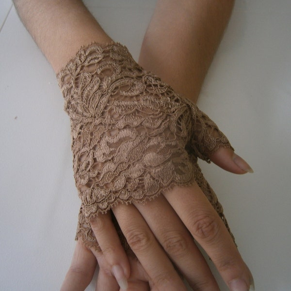 Mitaines sans doigts dentelle marron beige  gants court chic manchette style au choix tatouage prothèse couverture main femme