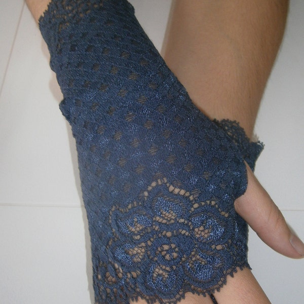 Fingerless mittens opaque lace navy cocktail fingerless gloves warm woman chic evening