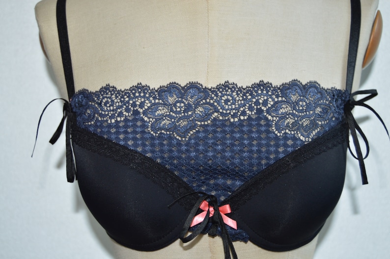 Bottom panel neckline Lace bra insert surgery insert cover removable strap navy ivory lace cover bleu marine