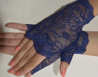 Manoplas de encaje azul marino sin dedos guantes estilo cóctel mujer cálida noche chic estilo puño de su elección