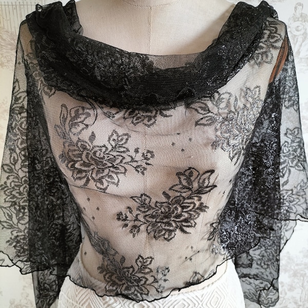 Étole dentelle irisé noir écharpe cache épaule gothique fleurs châle soirée haussement d'épaule femme