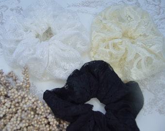 Scrunchies dentelle noir cheveux ivoire cravate faite à la main chouchou élastique blanc accessoires