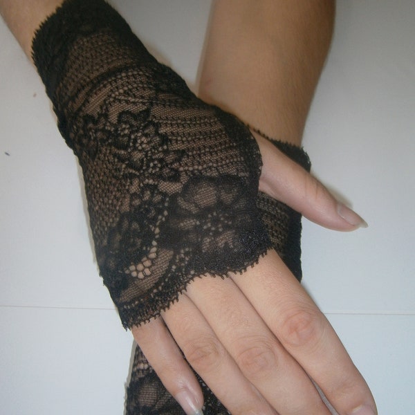 Mitaines dentelle noir sans doigts gants noir gothique  femme extensible