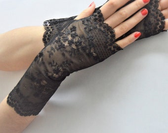 Long fingerless mittens black chantilly lace long sexy fingerless gloves overembroider silk thread stretchy woman