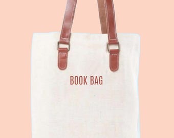 Jute Book Bag Leather Handle Tote Cotton Library Club Gift Idea Bibliophile Present Vintage Style Brass Clasp Canvas Reading Companion