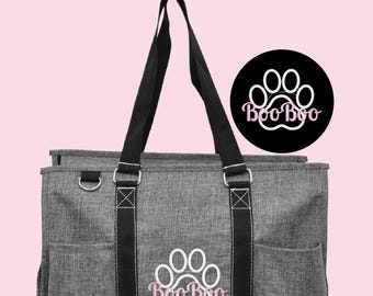 Puppy Organizer Zippered Storage Personalized Dog Carrier Travel Accessory Overnight Bag Custom Embroidery Monogram Design Canvas Tote