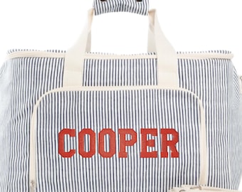 Personalized Beach Cooler Tote Bag Shoulder Strap Easy Carry Insulated Container Wedding Gift Couple Monogram Canvas Design Stripe Pattern