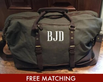 Weekender Travel Bag Personalized Mens Leather Bag Canvas Leather Duffel Bag For Men Military Style Oversized Weekend Travel Gift